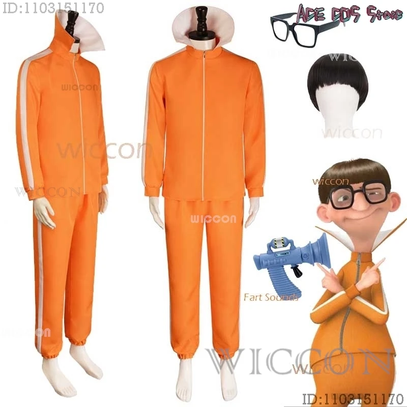 Movie Vector Cosplay Costume Orange Jakect Pant Glasses Wig Outfits Victor Set Mushroom-shaped Halloween Fancy Suit Party Prop
