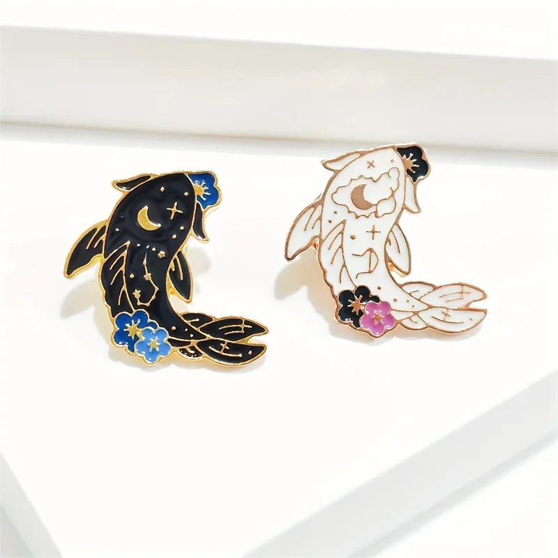 Cartoon Black and White Drip Koi Fish Brooches For Women Men Lucky Enamel Flower Alloy Animal Brooch Casual Party Jewelry Gifts