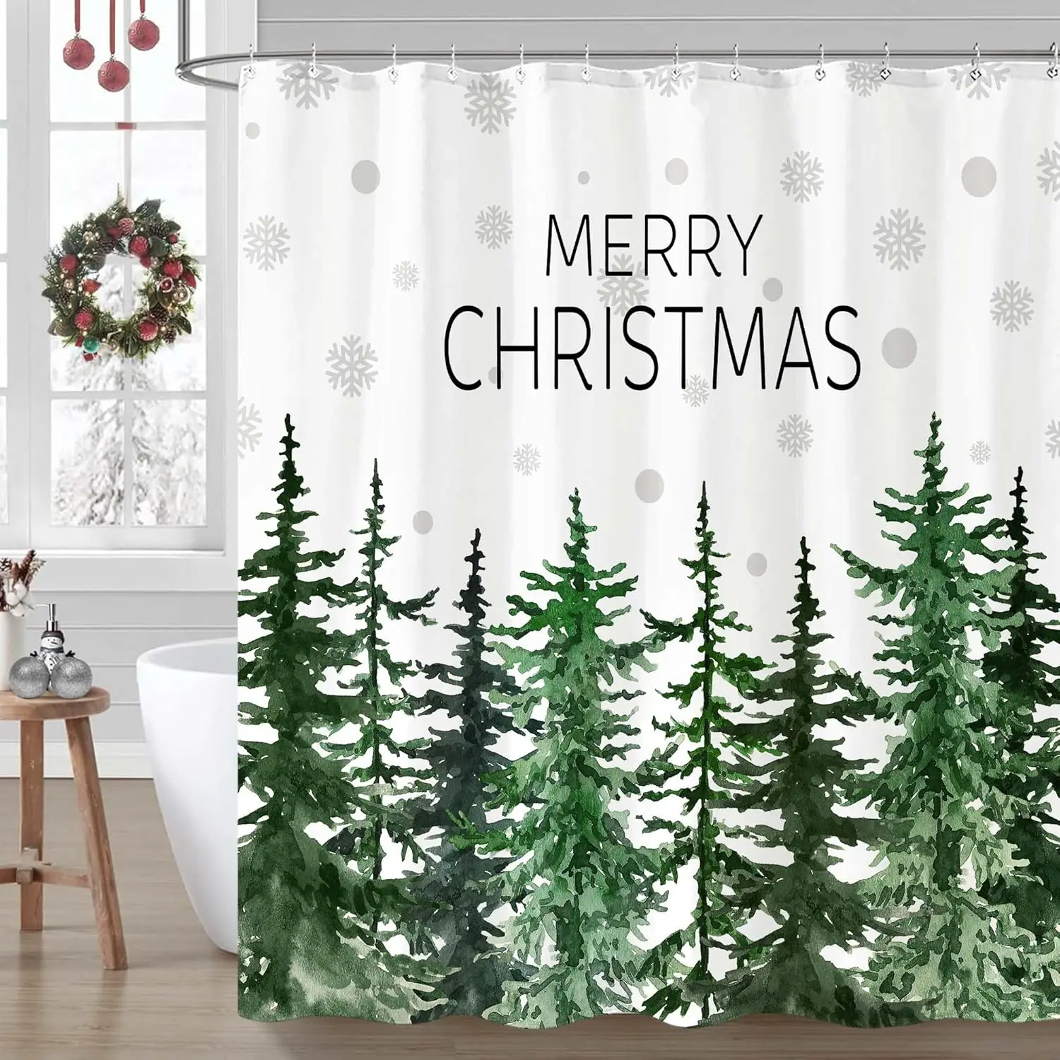 

Accnicc Christmas Shower Curtain Merry Christmas Pine Trees Snowflakes Holiday Bathroom Decor Festive Winter Watercolor Design