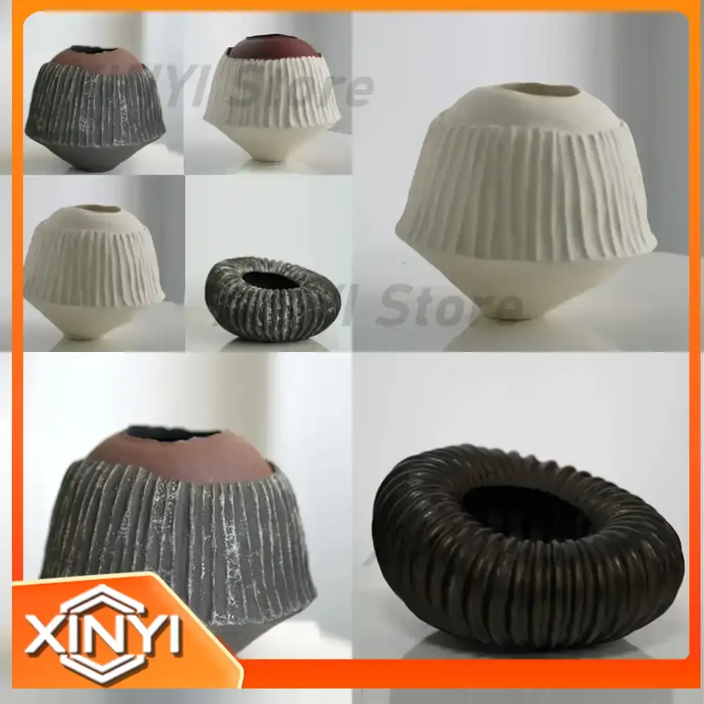 Wabi Sabi Style Handmade Ceramic Vase for Home Decoration Living Room Sample Room Black and White Line Design Dried Flower