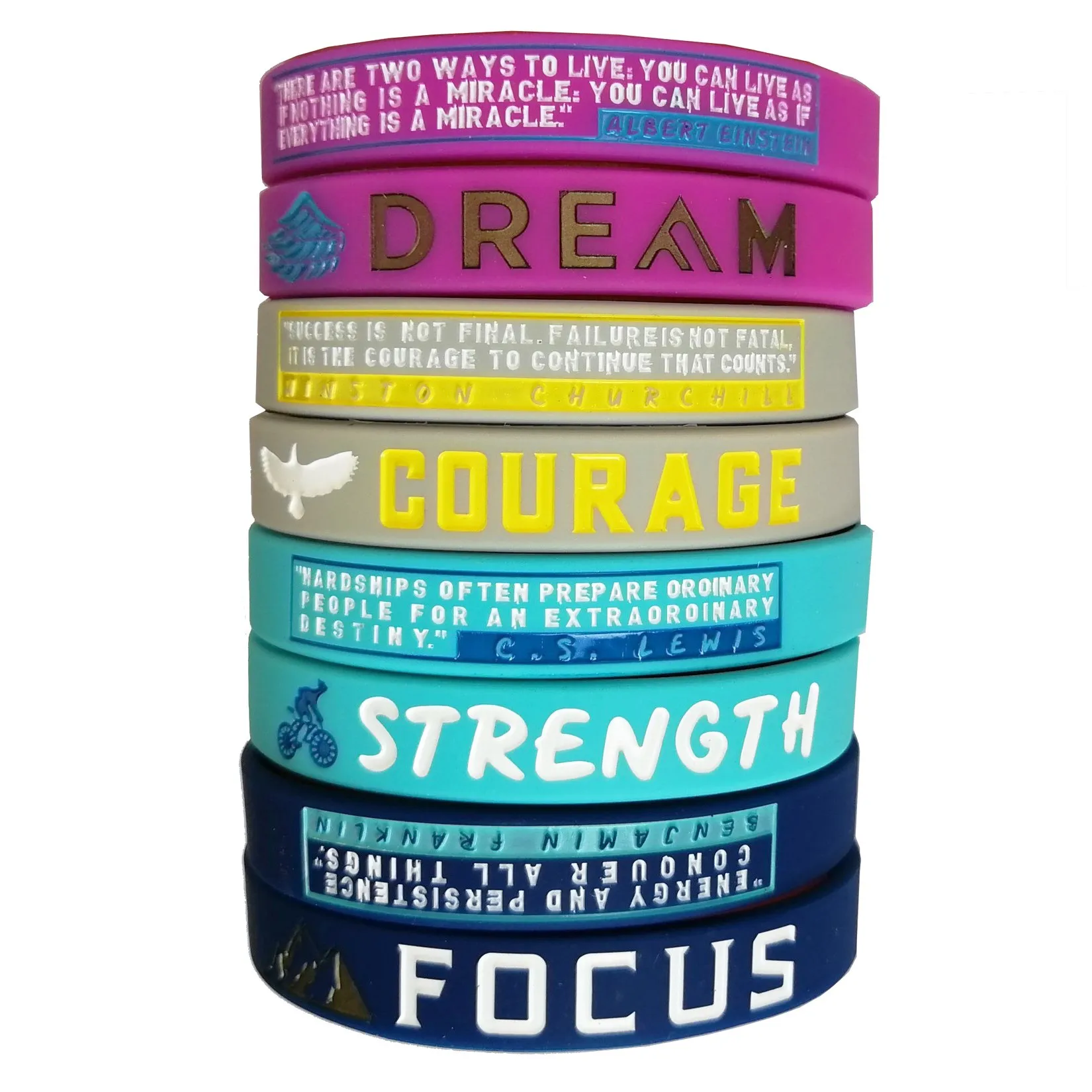 (12-Pack) Dream, Courage, Strength, Focus Motivational Quote Bracelets Silicone Rubber Wristbands Inspirational Gifts