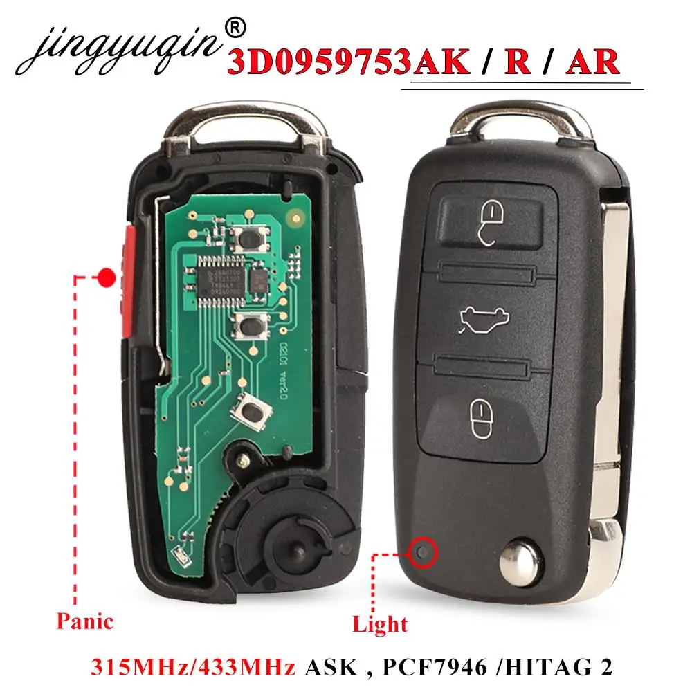 Jingyuqin 3/4BTN 315/433MHz ID46 Flip mando a distancia del coche para Touareg VW Touareg Phaeton 2002-2012 3D 0959753 R /3D 0959753 AK AR