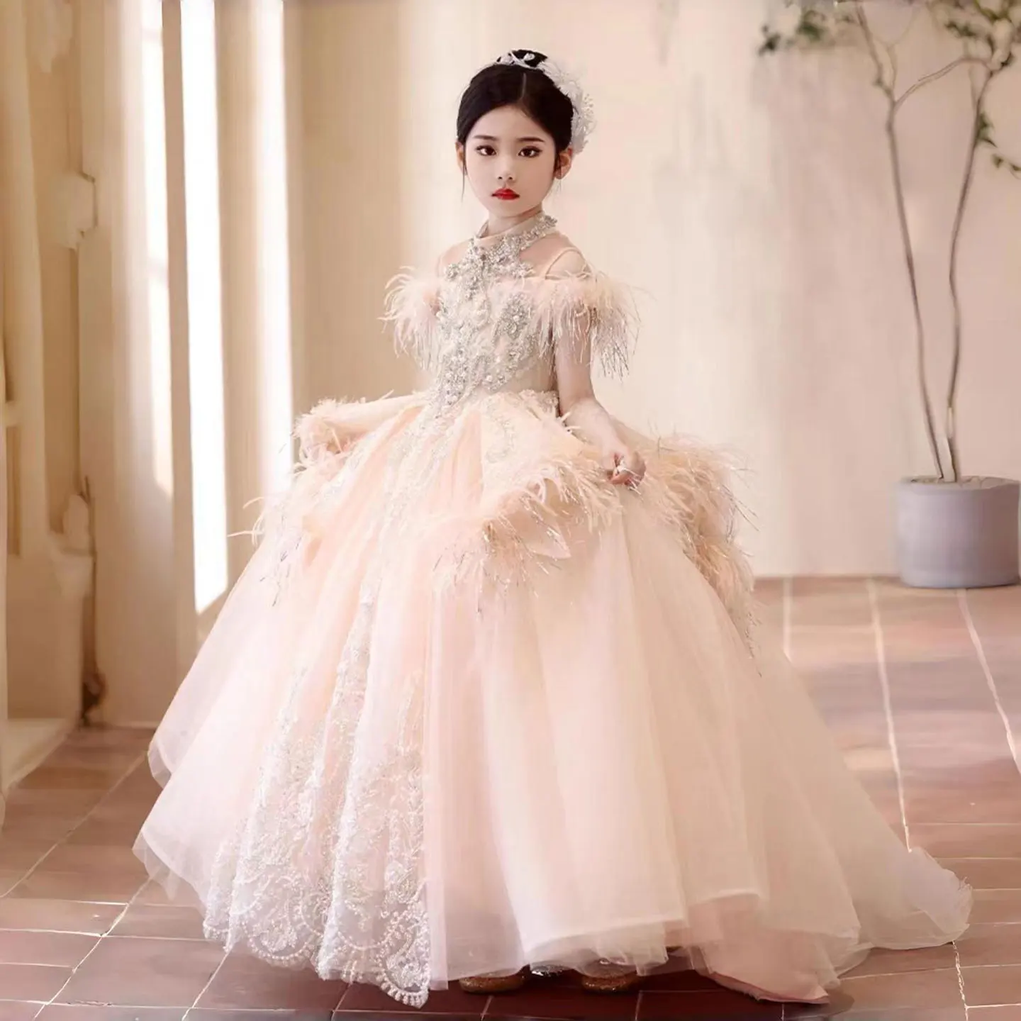 Jill Wish Luxury Pink Dubai Girl Dress Beaded Feathers Arabic Princess Kids Wedding Birthday Party Long Ball Gown 2024  J138