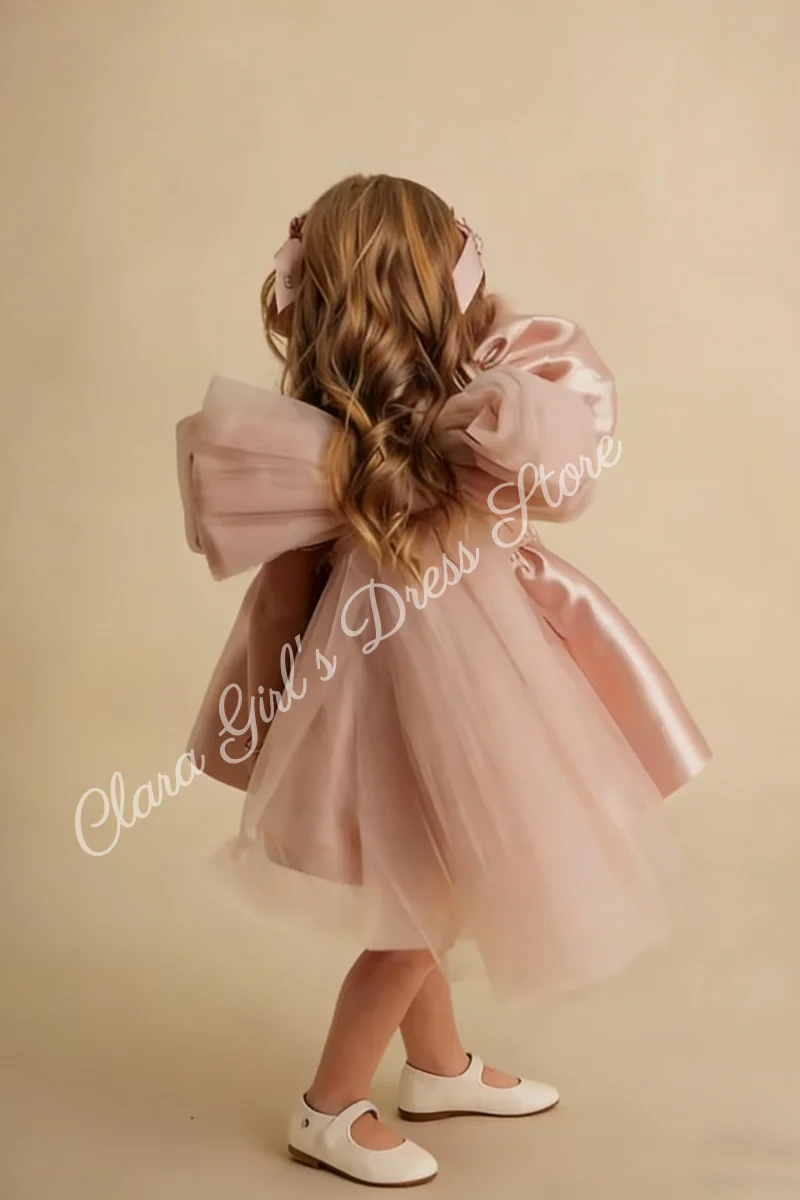 

Adorable Little Girl Flower Girl Dress Satin Fluffy Tulle Long Tulle Bow Wedding Party Children's Dress