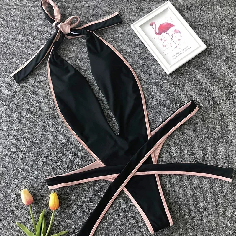 2025 głębokie V damskie stroje kąpielowe wiązane na szyi jednoczęściowy strój kąpielowy kobiety Backless Monokini wysokie cięcie owinięte wokół kostiumu kąpielowego body do pływania