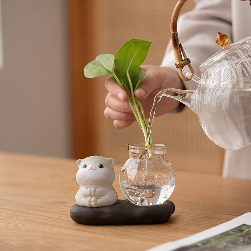 Cute Cat Ornament Home Decoration Study Living Room Flower Arrangement Hydroponic Vase Room Small Pendulum Green Plants