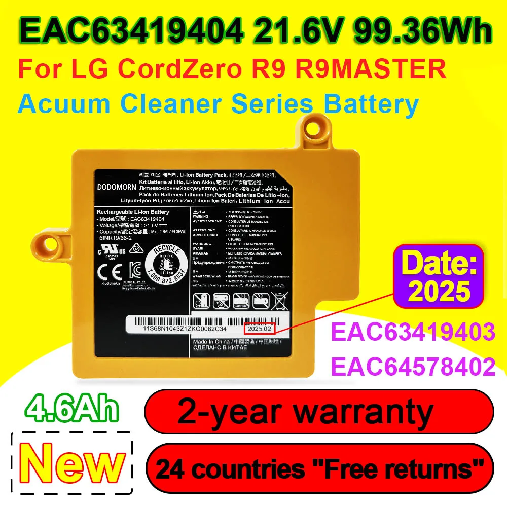 

For LG CordZero R9 R9MASTER Acuum Cleaner Battery EAC63419404 EAC63419401 EAC63419402 EAC63419403 EAC64578401 EAC64578402 4.6Ah