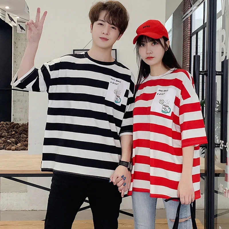 harajuku Women Rainbow Striped Oversized T-shirts Couples Clothes Streetwear T shirt Fashion short Sleeve Female Casual y2k Tops