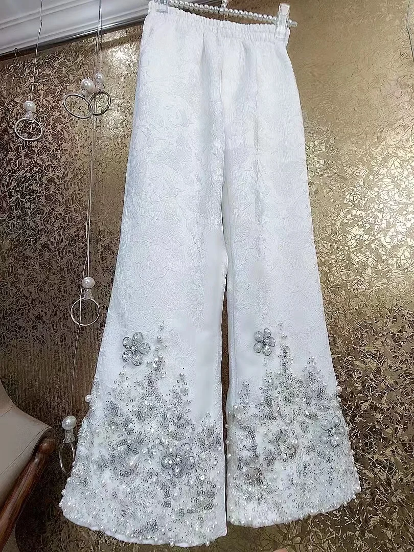 Luxury Beaded Sequined Embroidery Retro Bell-Bottom Pants Women 2024 Autumn 3D Carved Flower Casual Pants Female Long Pant