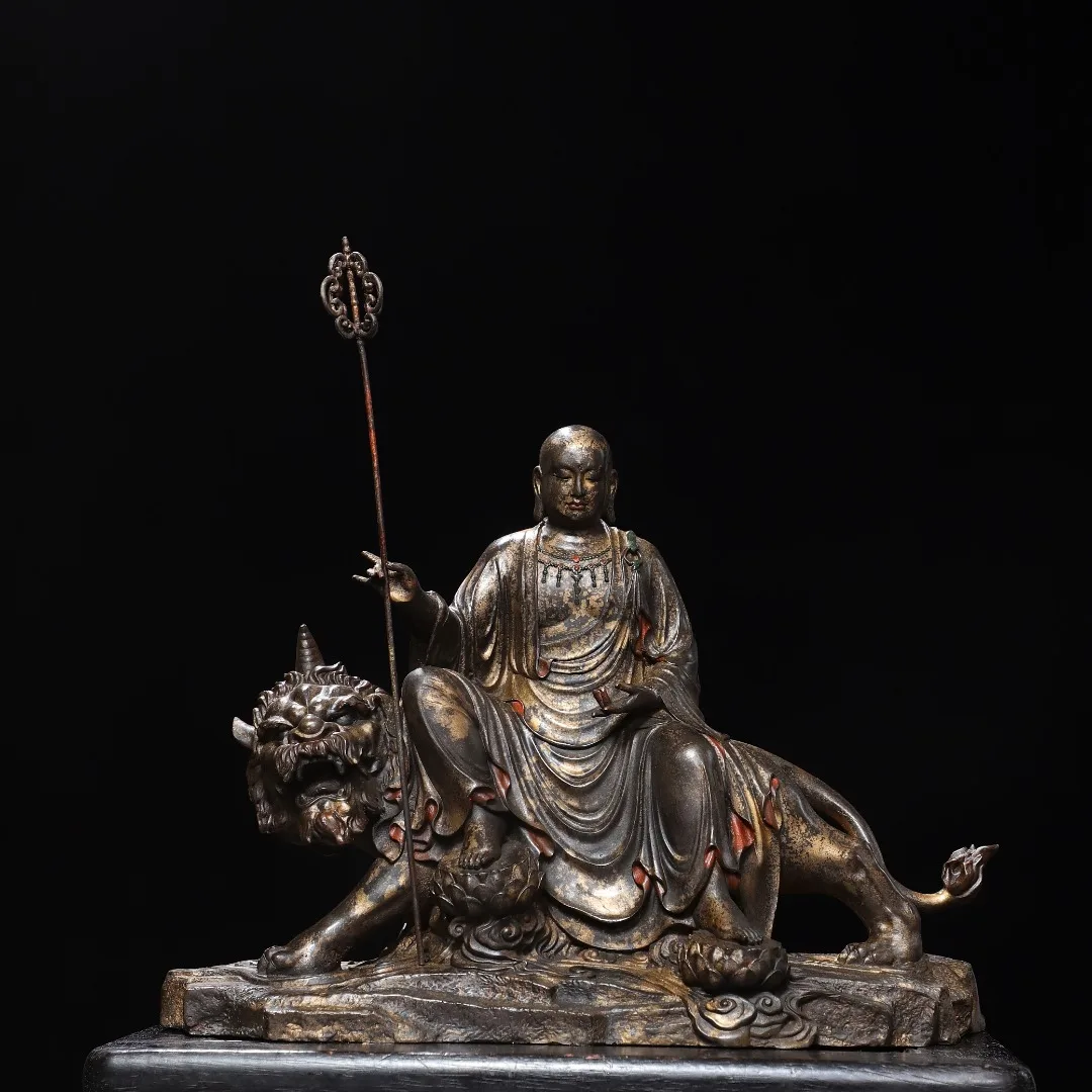 

16"Old Bronze Gilded Cinnabar Mud gold Amitabha mount mythical beast Ksitigarbha Bodhisattva Sitting Buddha Worship Hall