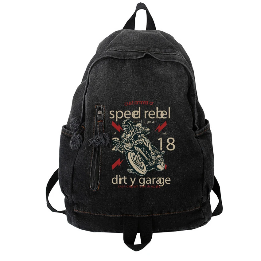 

Washed Gradient Denim Knapsack Funny Super Racer Motorcyle Ride Pattern Printed Women's Men Harajuku Versatile Denim Backpack