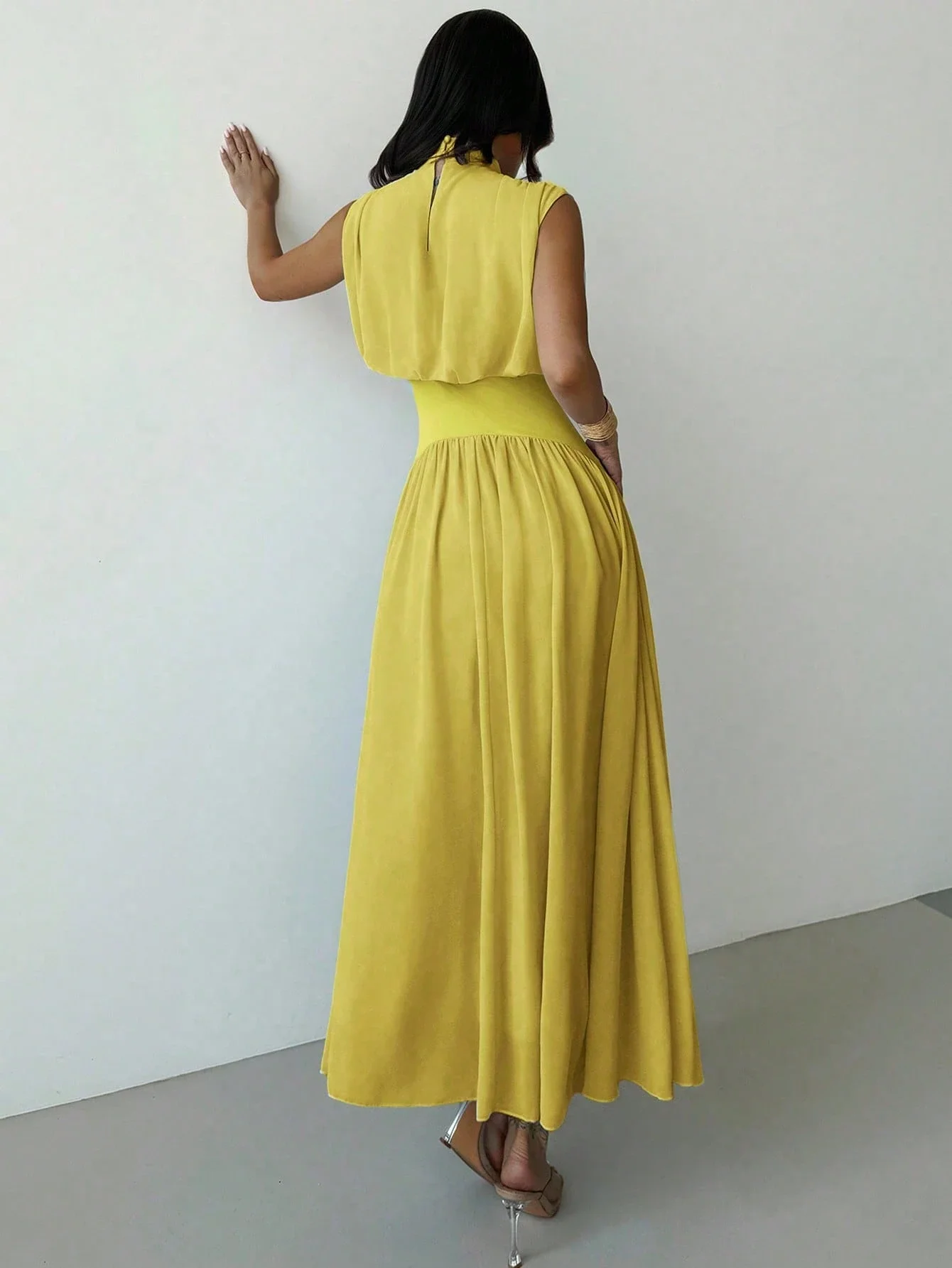 

Womens Yellow Green Floral Print Pleated Lace Trim Maxi Dress Set