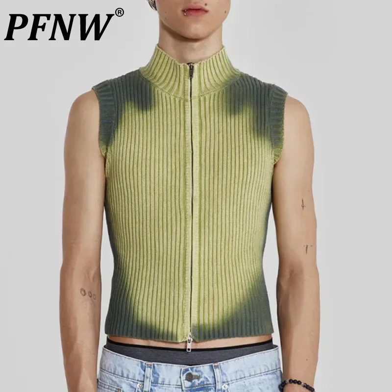 PFNW Streetwear Men Knitted Vest Pullovers New Men\'s Turtleneck Sleeveless Top Sweater Zipper Tie-dye Clothing 2023 Autumn C3482