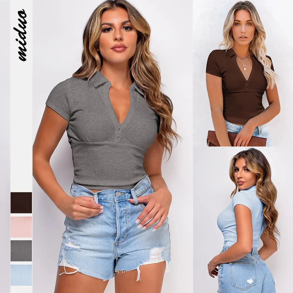 

V-neck Slim Fit Short Midriff-Baring Short-Sleeved T-shirt Thread Small Sunken Stripe Fashion Top Streetwear Women Top