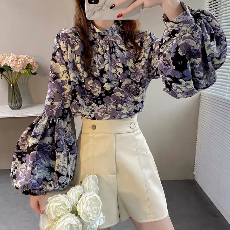 Korean All-match Women\'s Floral Printed Lantern Sleeve Blouse Spring Autumn Female Clothing Loose Fashion Stand Collar Shirt