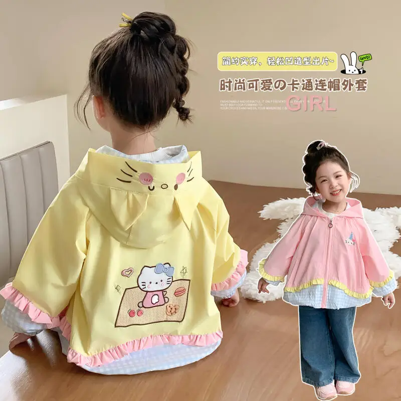

Kawaii Animasanrio Girls' Coat Hello Kitty Spring and Autumn New Cartoon Children's Fashion Jacket Casual Sweet Hooded Tops