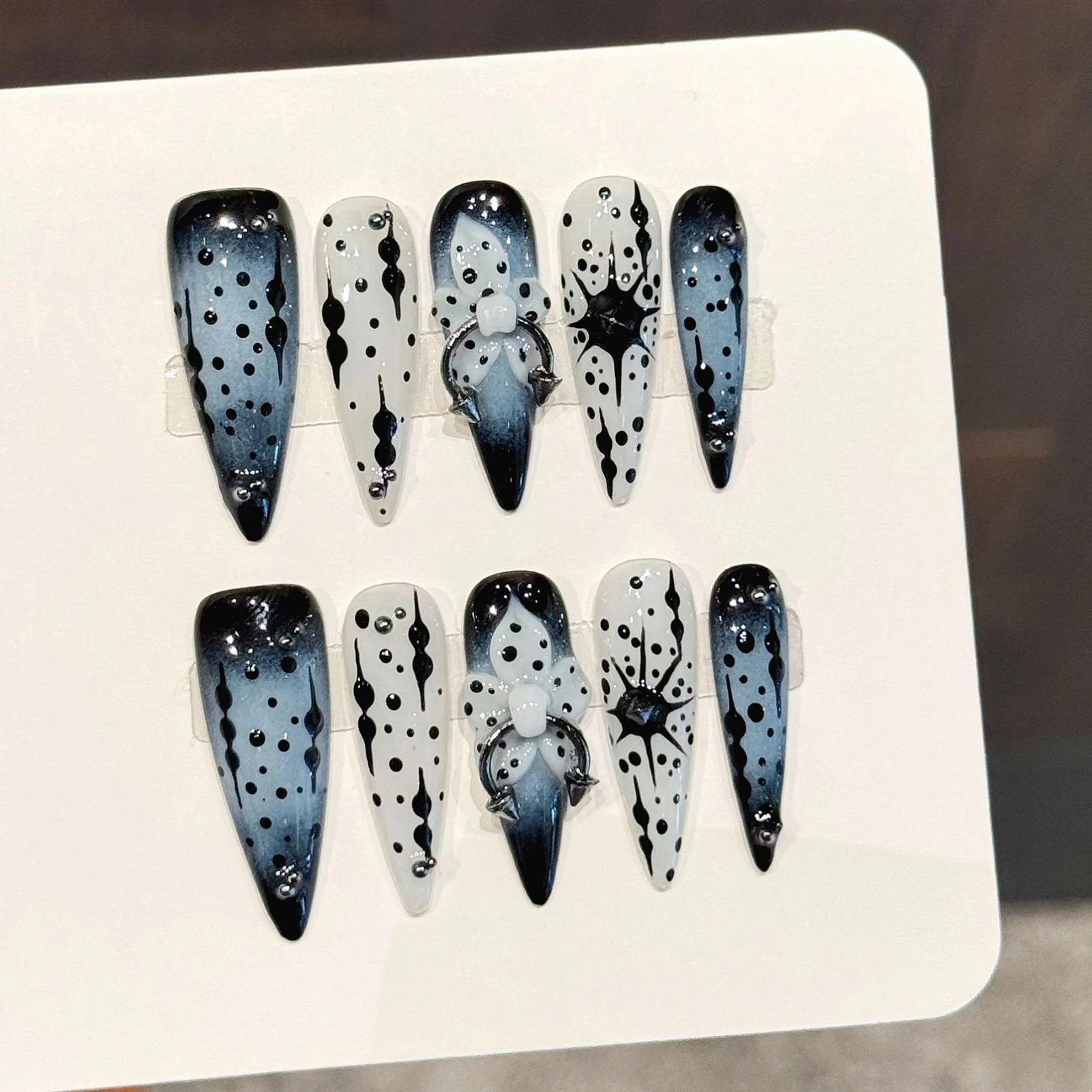 10PCS Dark Blue False Nails with Ink Splatter for Party and Daily Wearable Long Pointed Press on Nails European Punk Fake Nails