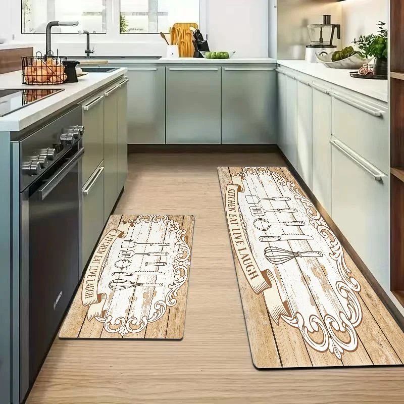 VIKAMA Vintage Scroll Kitchen Tool Runner Mat Waterproof Oilproof Non Slip Anti Fatigue Eat Live Laugh Kitchen Decor Rug