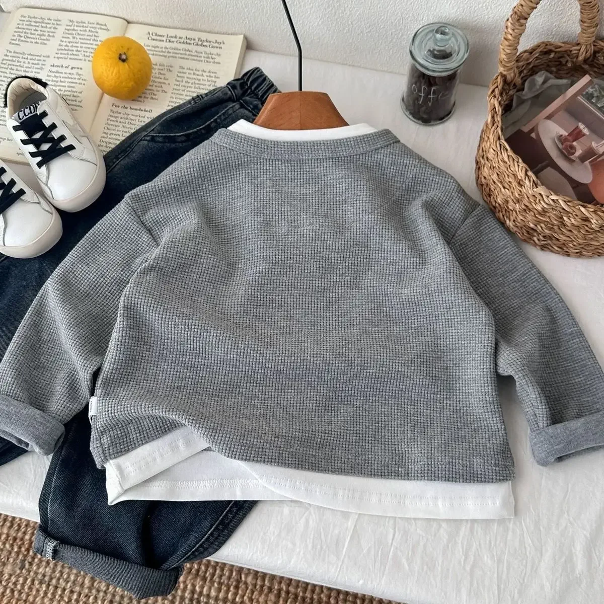 Kinder Jungen Sweatshirt Herbst 2026 Säugling Baby Jungen Pullover Lässig 1-10 Jahre Kinder Jungen Waffel Fake Zweiteilige Oberteile – Detail 16