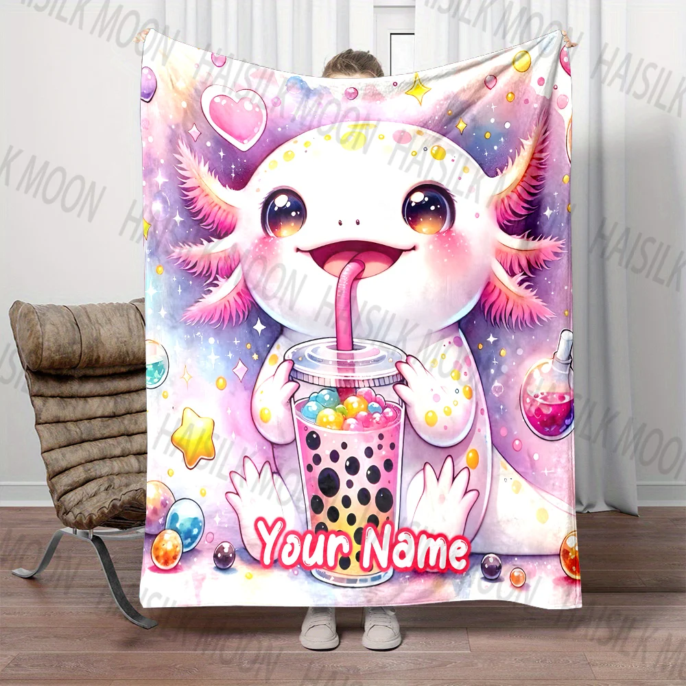 Customized Name Personalized Blanket Cute Cartoon Axolotls Print Warm and Comfortable Blanket for Adults and Children for Gifts