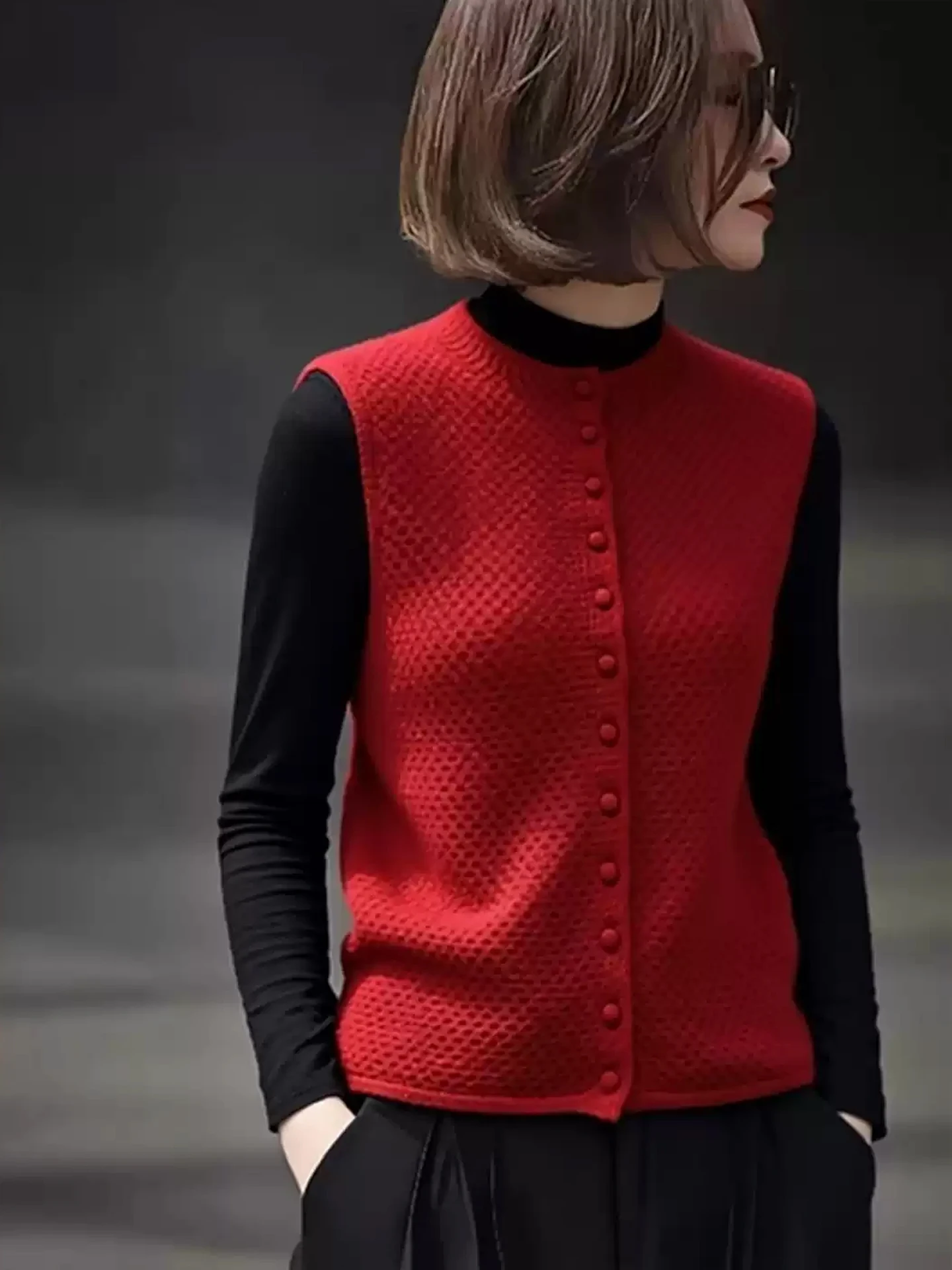 

Модный вязаный красный жилет для женщин, облегающий базовый топ, уникальный новогодний стиль, с длинными рукавами, для повседневной носки, корейская версия