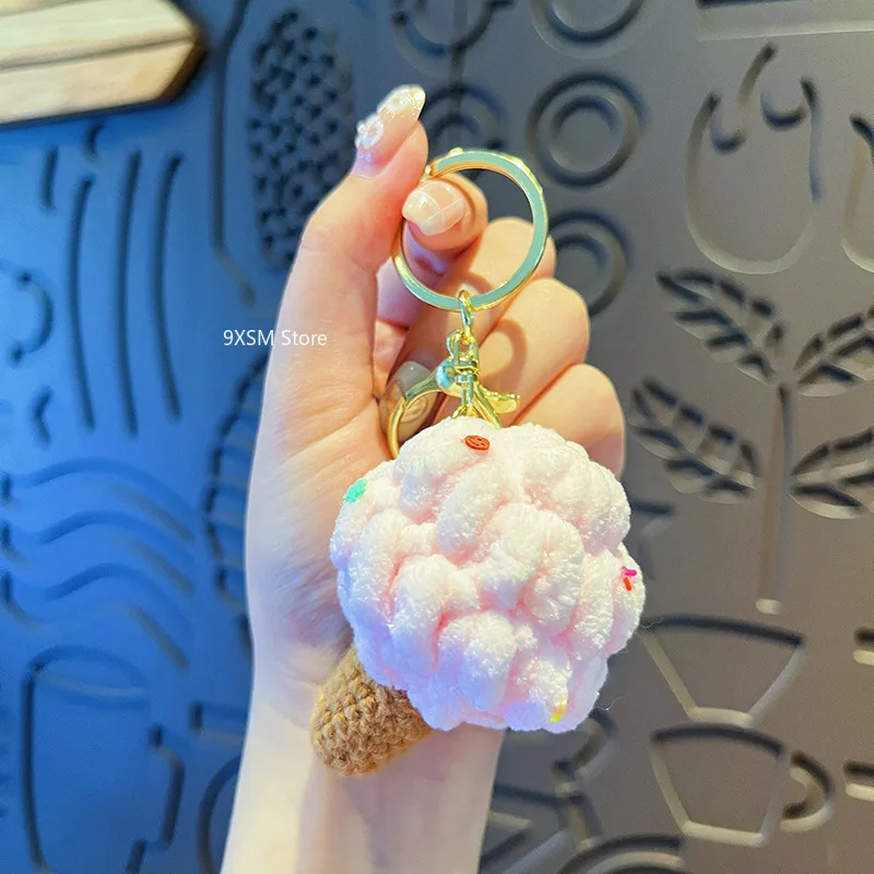 Knitted Ice Cream Colored Key Chain Handmade Cute Hand Woven Charm Ice Cream Keychain Backpack Pendant Key Ring Jewelry Gift