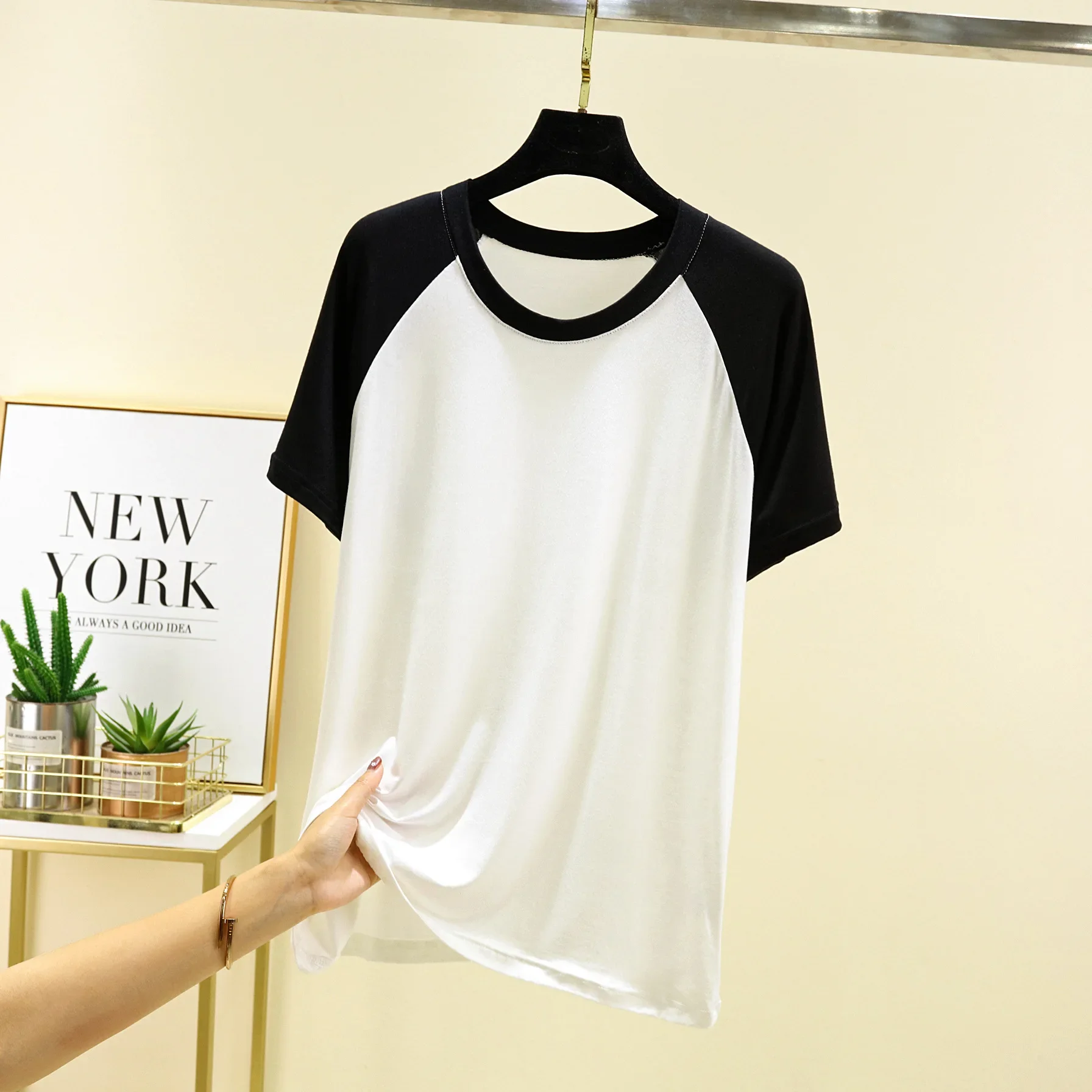 Men's Modal Raglan Short Sleeved T-Shirt Summer Loose Thin Contrasting Color Patch Top Half Sleeved Base Shirt Pajamas Homewear