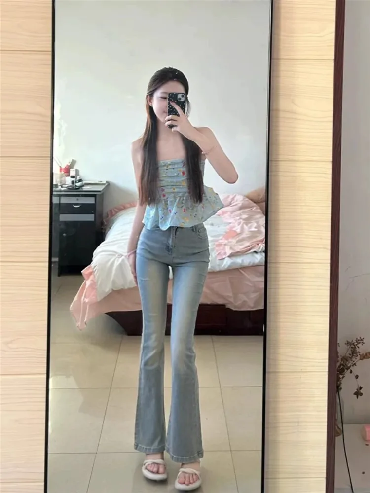 

High Waist Bell Bottom Denim Jeans Women's Spring Autumn High Elasticity Washed Blue Slim Fit Long Floor Length Pants