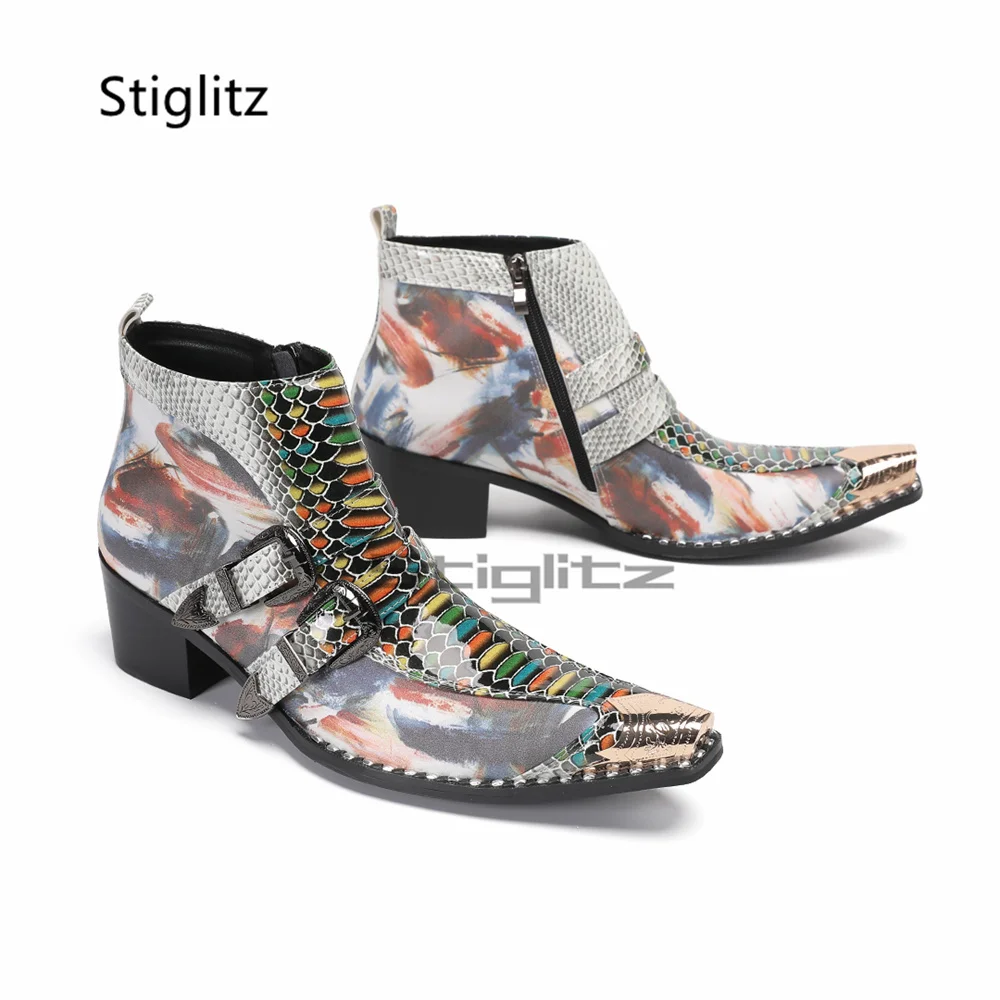 Prints Alligator Leather High Heels Chelsea Boots for Men Double Buckle Patchwork Metal Pointed Toe Ankle Boots Business Shoes