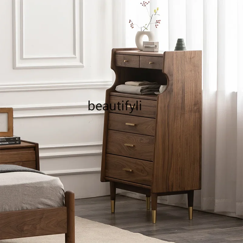 Solid Wood Living Room Chest of Drawers Black Walnut Wooden Storage Cabinet Light Luxury Sofa Copper Feet Side Cabinet