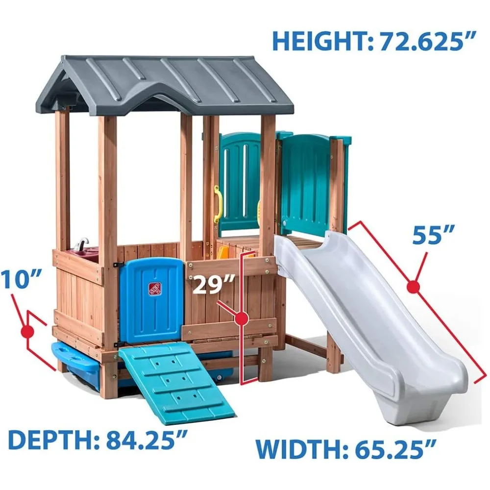 Woodland Adventure Playhouse & Slide, Kids Outdoor Playset, Backyard Playground Set, Swings, Storage Drawer, Made of Wood