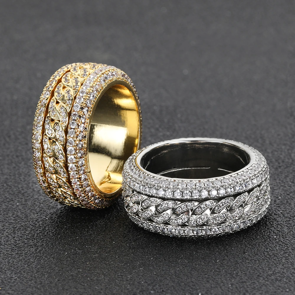 

New cuban link chain design ring fully micro zircon paved r0tatable cuban ring,Hiphop iced out men's Swivel cuban ring.