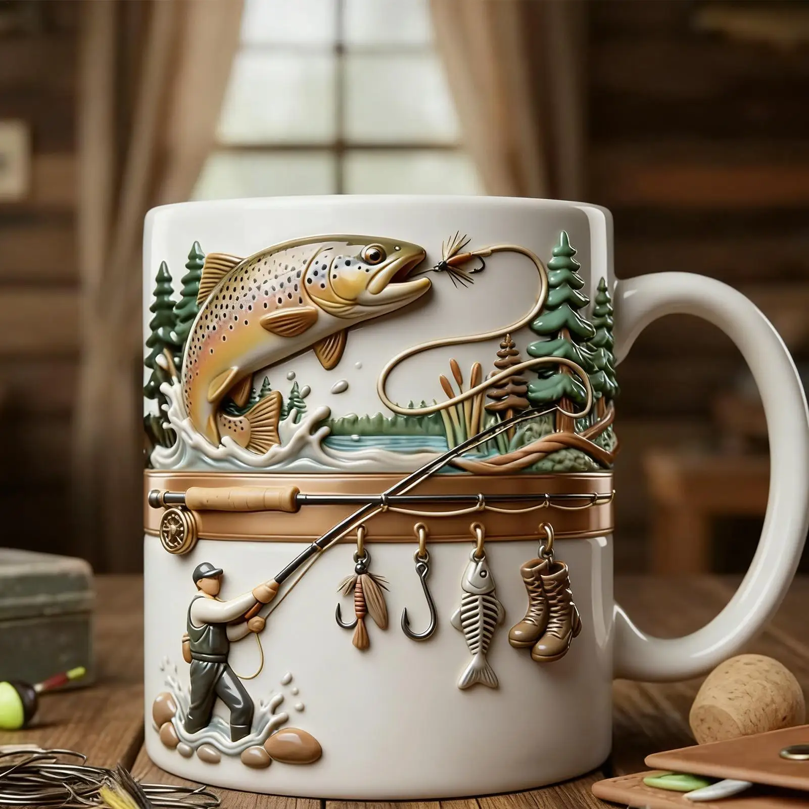 Funny Fishing Gift Mug 350ml Ceramic Large Coffee Cup for Men Dad Husband Outdoor Camping Hiking Fishing Party Novelty Drinkware
