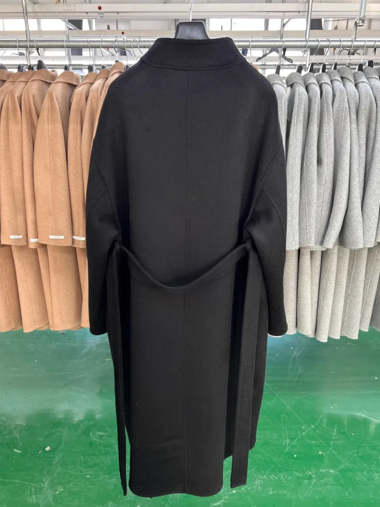DFDG 2025 Damski płaszcz z kaszmiru dwustronnego, ręcznie robiony, z paskiem, długi, oversize, ze stójką, kurtka zimowa, odzież wierzchnia na jesień