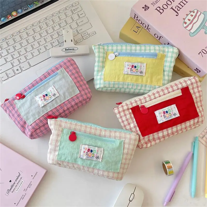 Quirky Contrast-Toned Grid Dopamine Large Pencil Pouch; Ideal School Tool Organizer, Girl's Cosmetic Bag, Awesome Gift