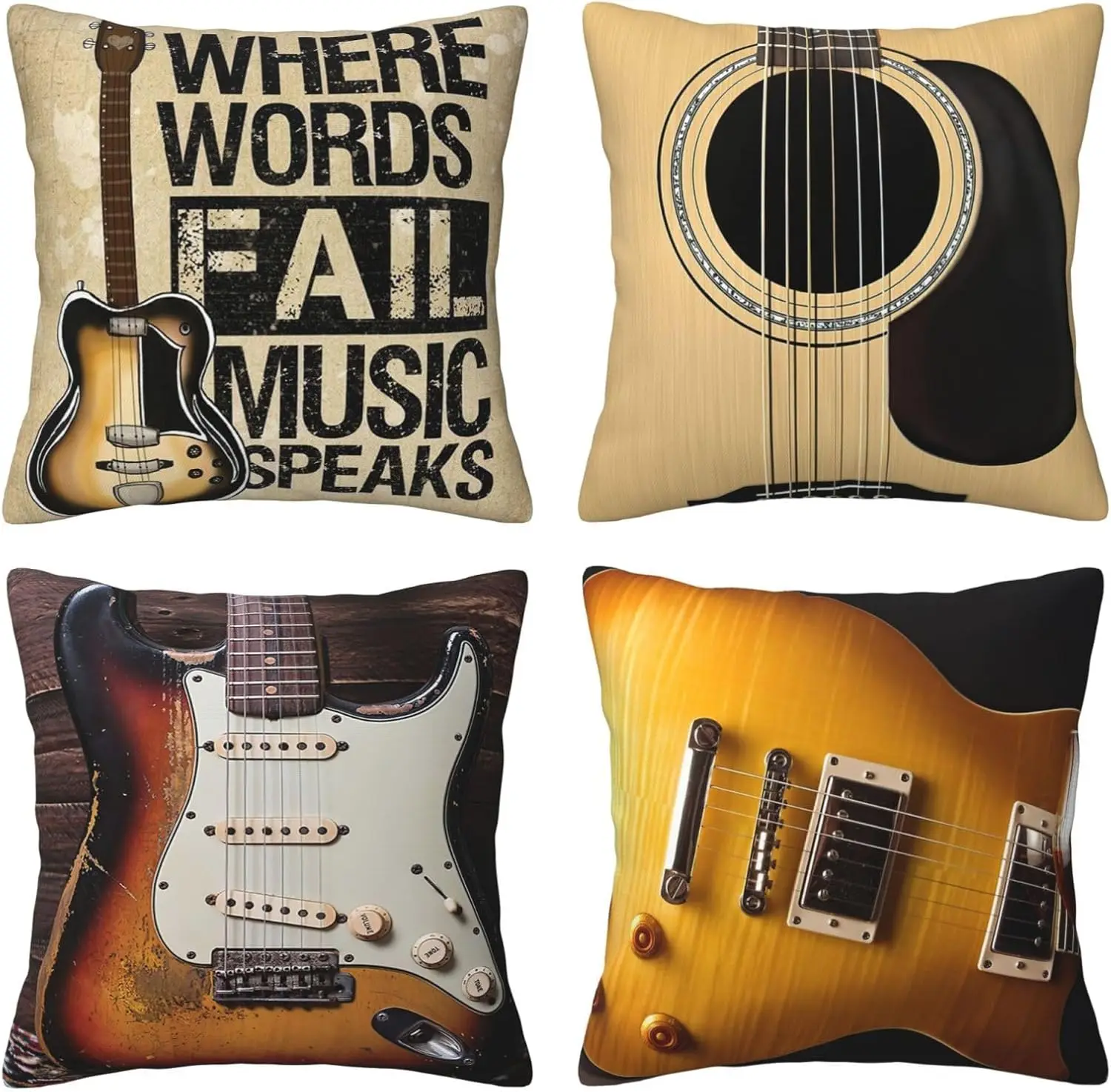 Guitar Music Pillow Covers – Electric & Acoustic Guitar Art 4-Pack Cushion Covers for Music Lover, Living Room, Bedroom Décor