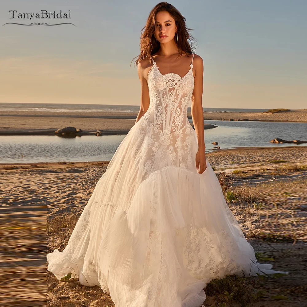 Robe de mariée en dentelle spaghetti A Line, jupes en tulle et dentelle rêveuses, patients Boho, quoi que ce soit DW1015