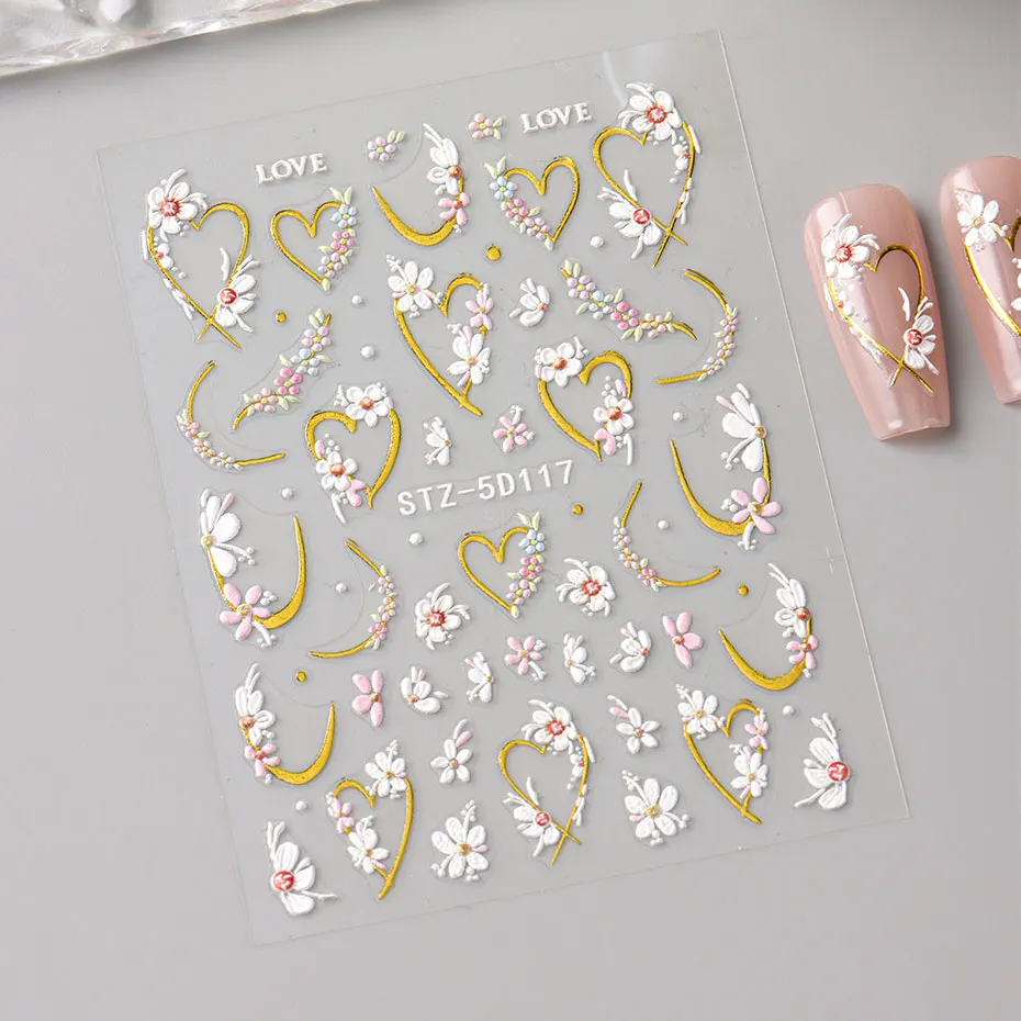 5D Embossed Kawaii Floral Gold Line Sliders Spring White Flowers Nail Stickers DIY Simple Petals Wedding Nails Decals Accesories