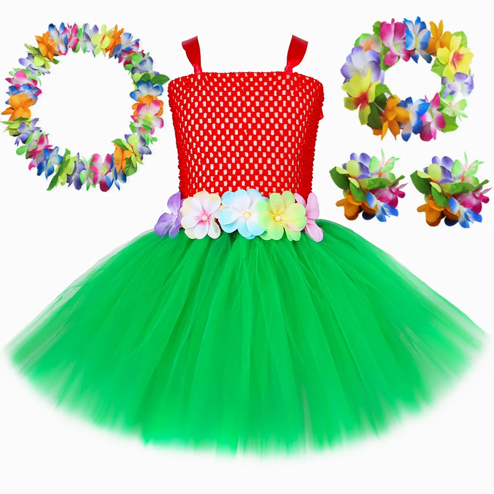 Girls Hawaiian Tutu Dress Costume Red Green Floral Hawaii Luau Party Dresses Outfit Kids Halloween Carnival Princess Dress Up