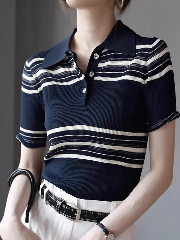 

Outlet Store Ice Linen Knitted irt Stripe Color Blo Collar Top Women's Faion Summer Regular Fit ort Sve