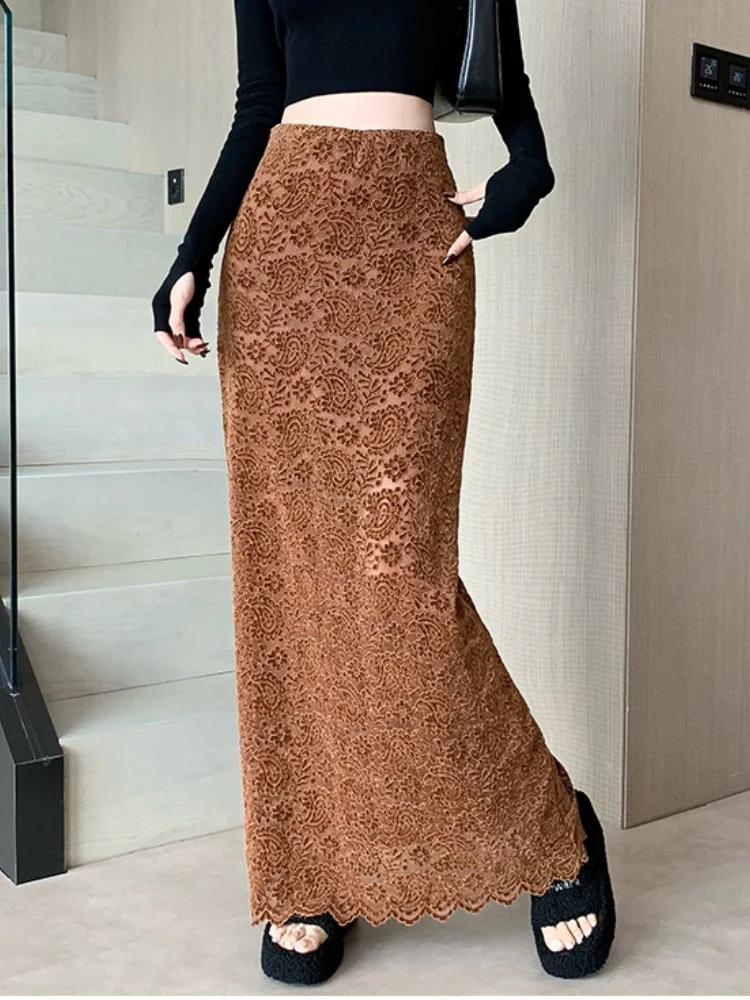 

Retro lace plush printed skirt autumn winter design high waist hanging feeling A-line temperament wrapped fishtail skirt