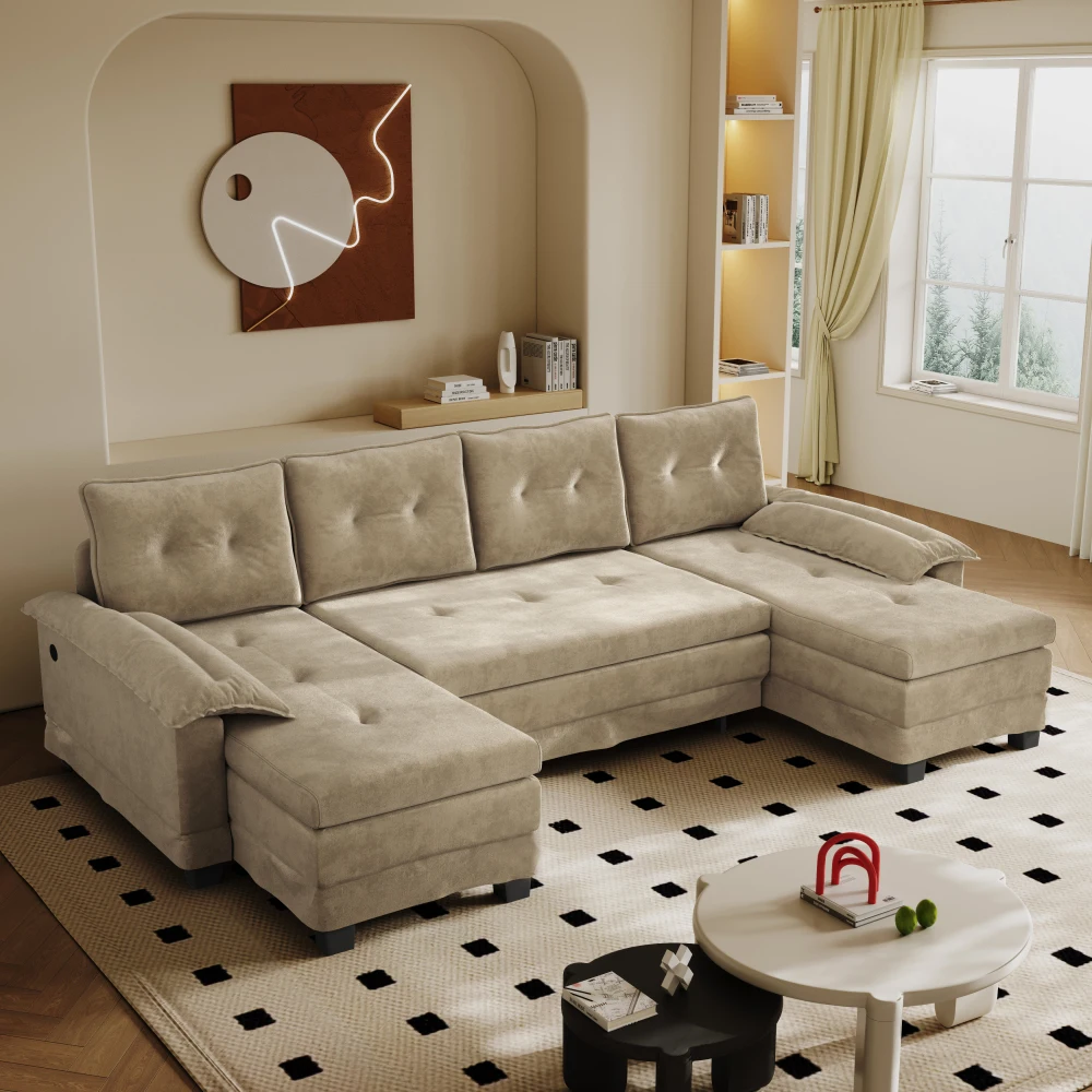 Sofá Seccional Modular en Forma de U, Sofá Cama Convertible con Carga USB y Reposabrazos Extraíbles, Sofá Grande para Sala de Estar