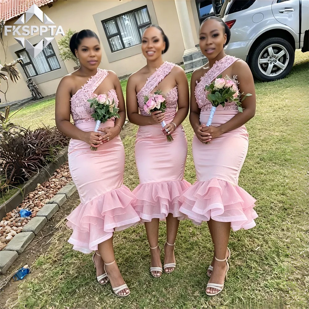 Pink Short Mermaid Bridemaid Dresses One Shoulder Tea Length Beading Appliques Satin Black Women Maids Of Honor Gowns Cheap