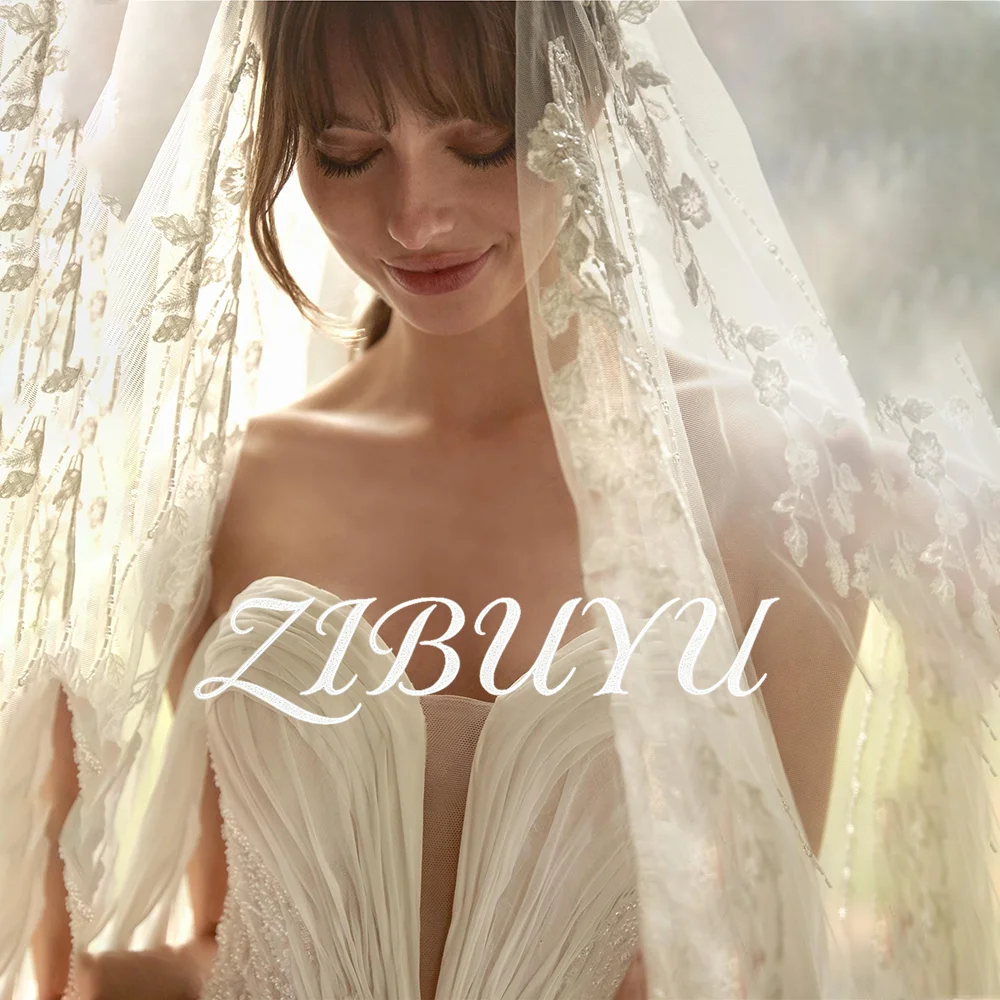 

ZIBUYU Customized Romantic Elegant Wedding Dress Off Shoulder V Neck Draped Chiffon Lace Low Back Sleeveless A-Line Bridal Gowns