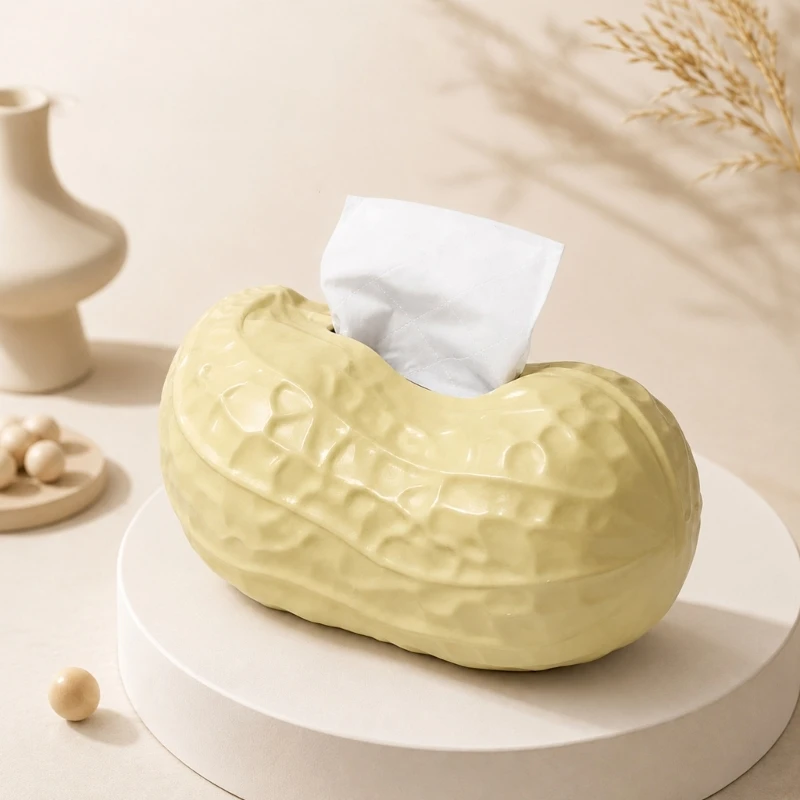 Tissue Box Holder with Sculpted Peanut Form, Smooth Wipeable Exterior, and Upper Dispensing Opening for Living Rooms, D2RD