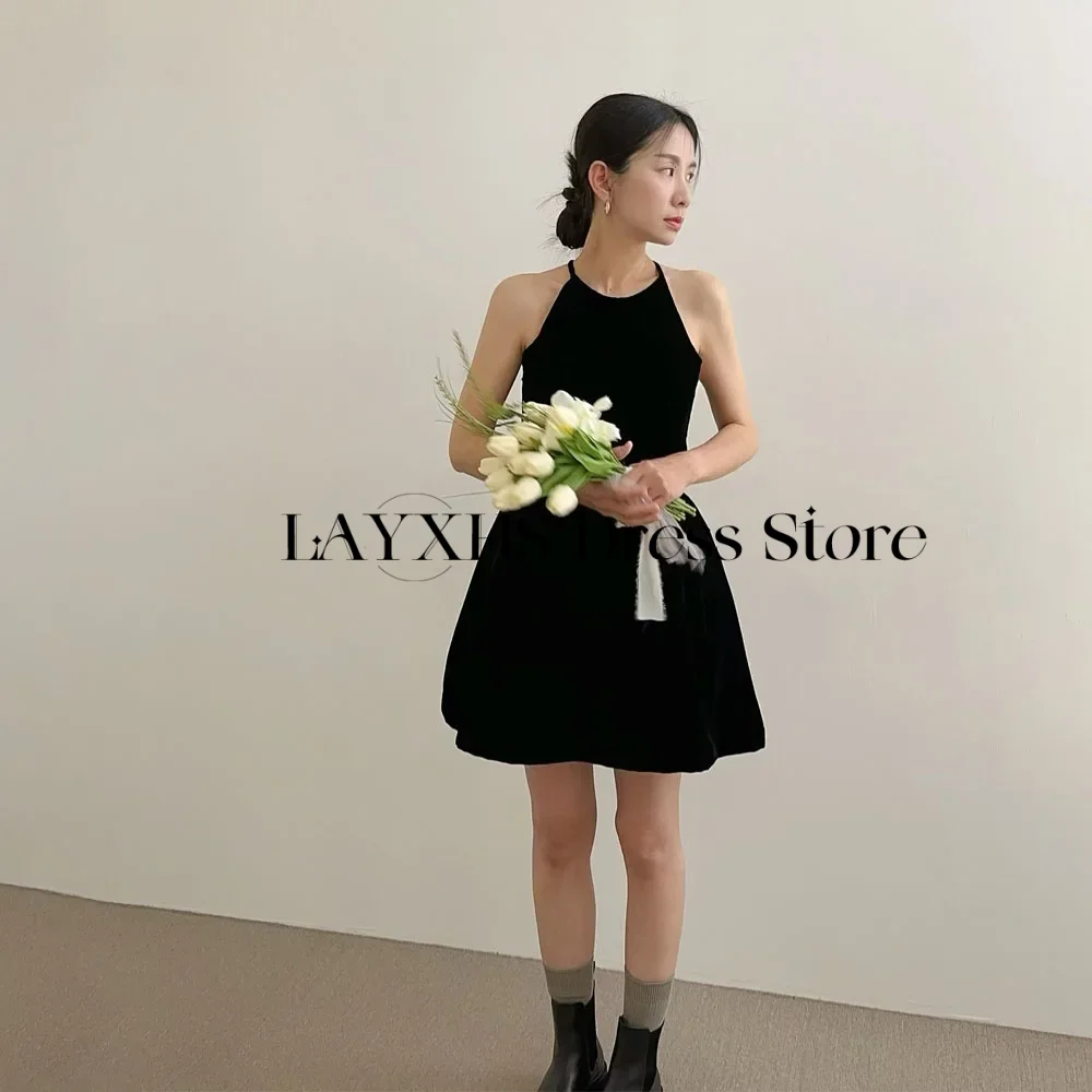 Czarna Mini Sukienka na Wesele, typu Halter, Linia A, Aksamitna, Koreańska, na Sesję Zdjęciową, Urodzinowa, Długość Nad Kolano, Sukienka na Bal, Szyta na Miarę