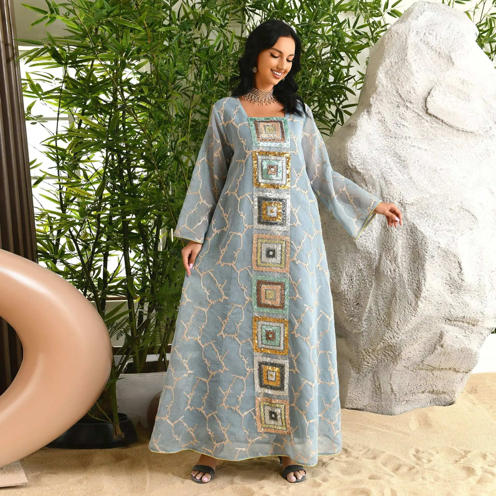 

Moroccan Plus Size Mesh Evening Dresses for Women Eid Muslim Embroidery Sequins Luxury Abayas Arab Long Sleeve Casual Loose Robe