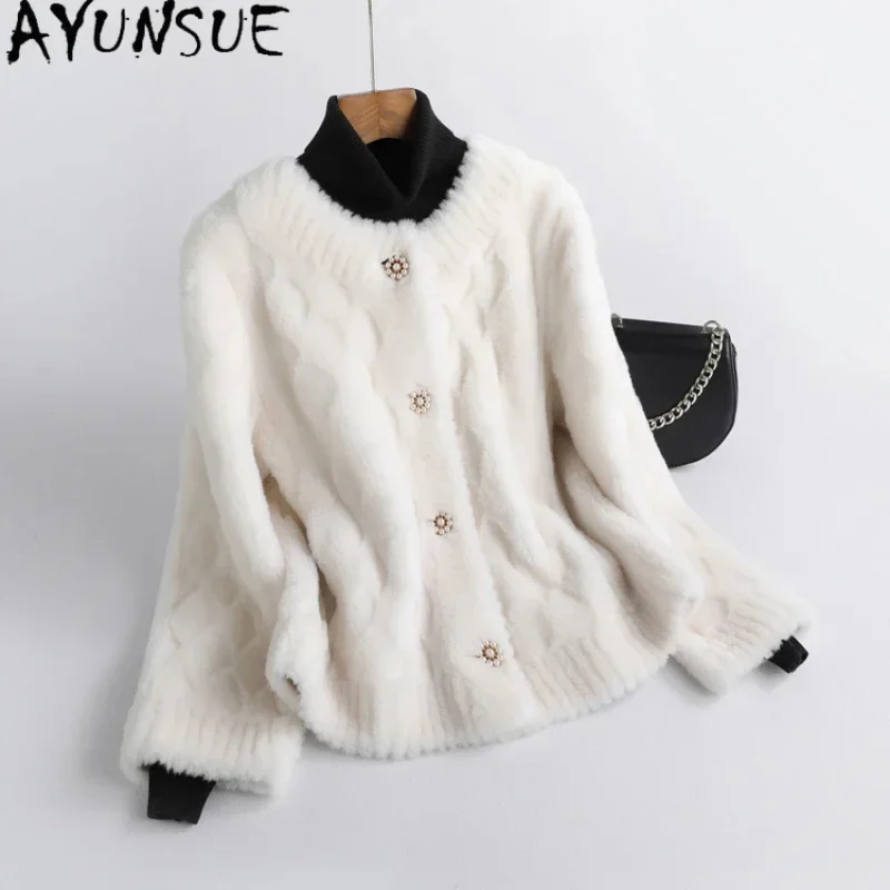 

Short AYUNSUE Sheep Shearing Jacket for Women New Fall Winter 100% Wool Coat Female Chic Granular Jackets Casaco Feminino