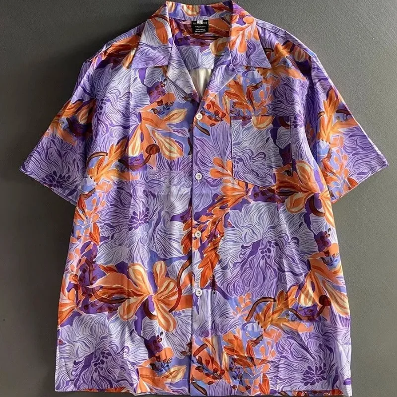 Men's Purple Orange Floral Print Short Sleeve Camp Collar Oversized Casual Hawaiian Shirt