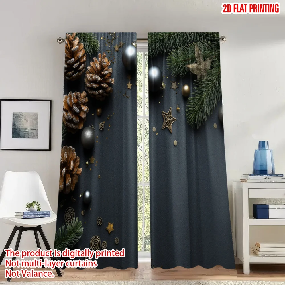 

2pcs 2D flat printing Merry Christmas Curtains Christmas Pinecones Stars Ornaments Digital Printed Polyester Drapes Festive